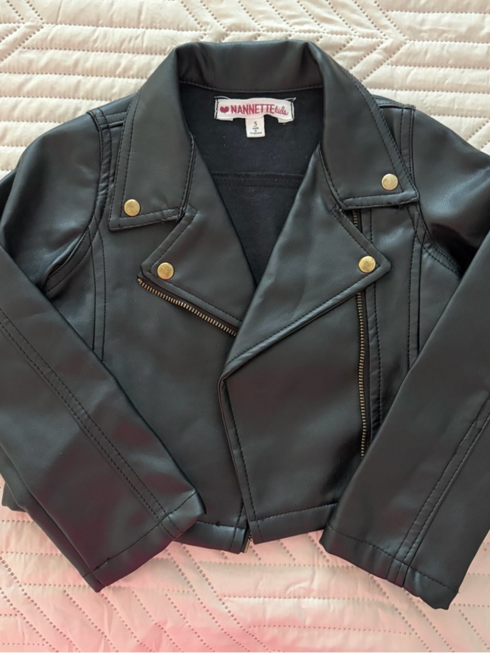 Nannette Girls Black Faux Leather Moto Jacket with Gold Accents
Size 5t